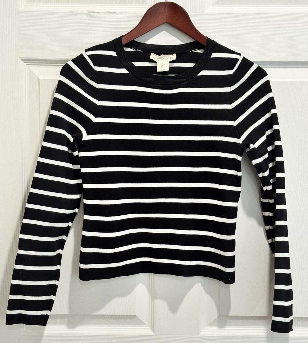 Happily Grey Sweater Crop Top Shirt Black White Stripe Lightweight Size Large